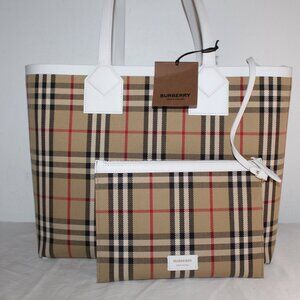 NWT Burberry Medium London Check Cotton Canvas Tote with Zip Pouch